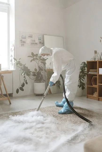 Group of cleaners in red uniforms mopping and wiping glass in a modern dining room.